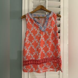 Crown & Ivy Vibrant Coral and Blue Patterned Tank